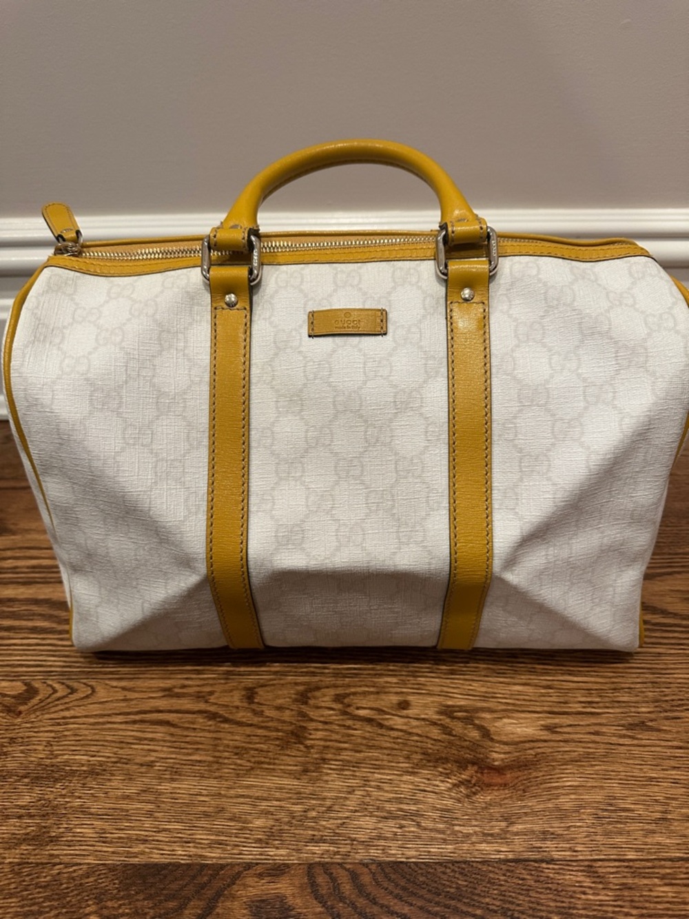 Gucci Ivory Monogram Vintage GG Joy Boston Bag Supreme with Yellow Trim